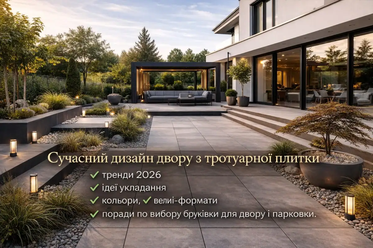 Сучасний дизайн двору з тротуарної плитки — фото приклад