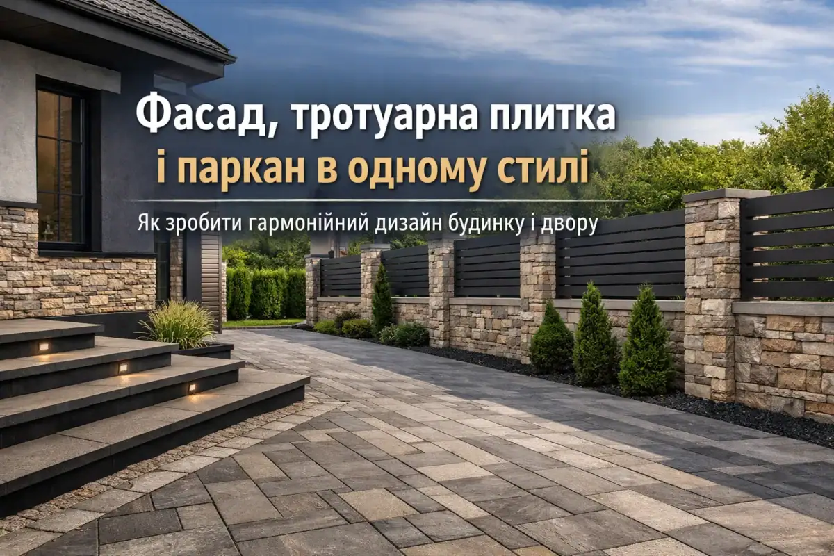 Фасад будинку і тротуарна плитка в одному стилі дизайн двору фасадна плитка і паркан